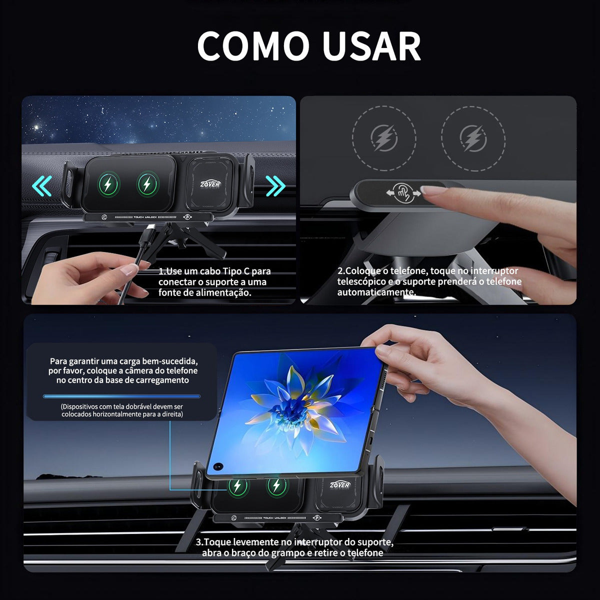 Suporte Celular Veicular - Carregador por Indução e Fixação 360° Automática