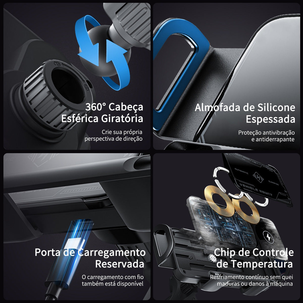 Suporte Celular Veicular - Carregador por Indução e Fixação 360° Automática