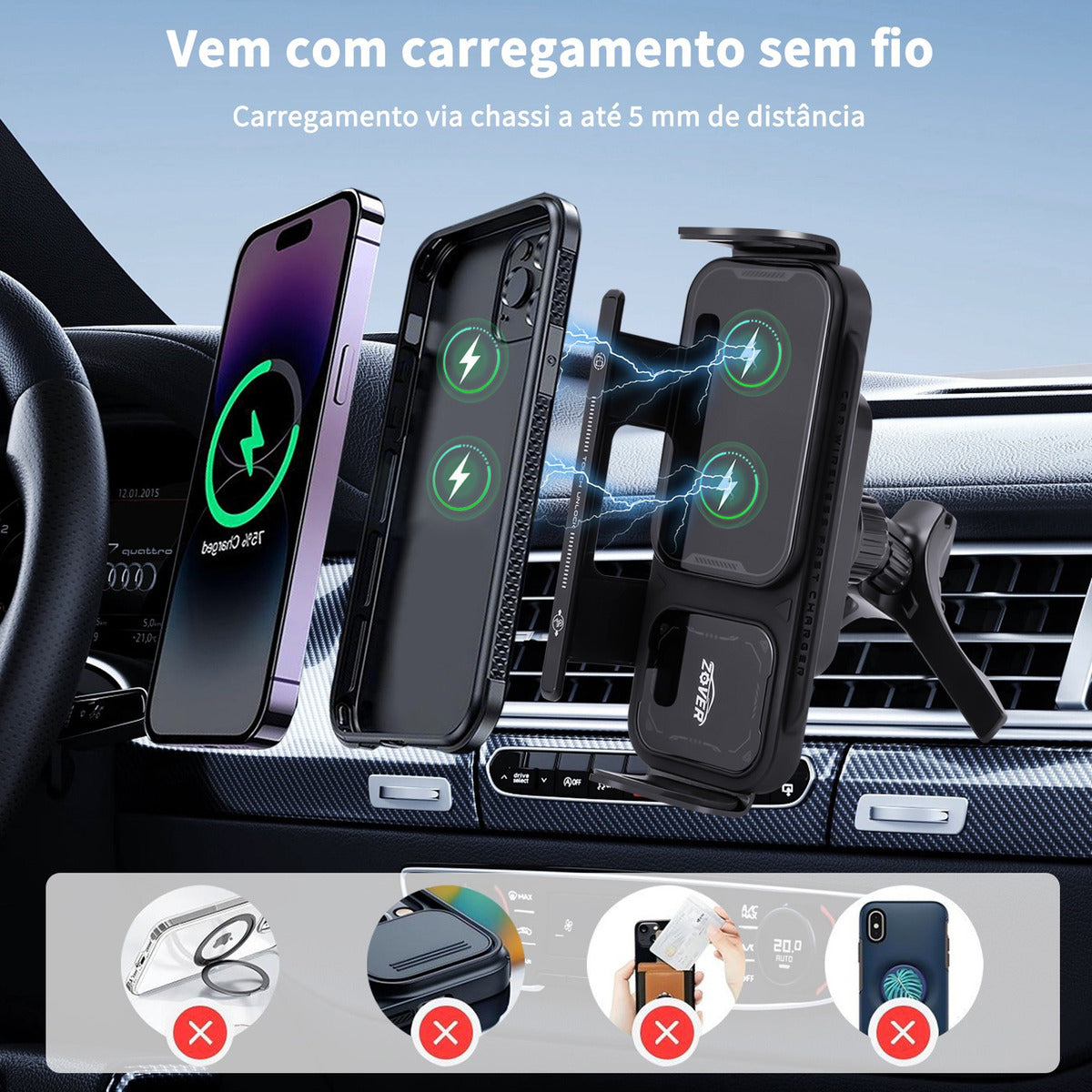 Suporte Celular Veicular - Carregador por Indução e Fixação 360° Automática