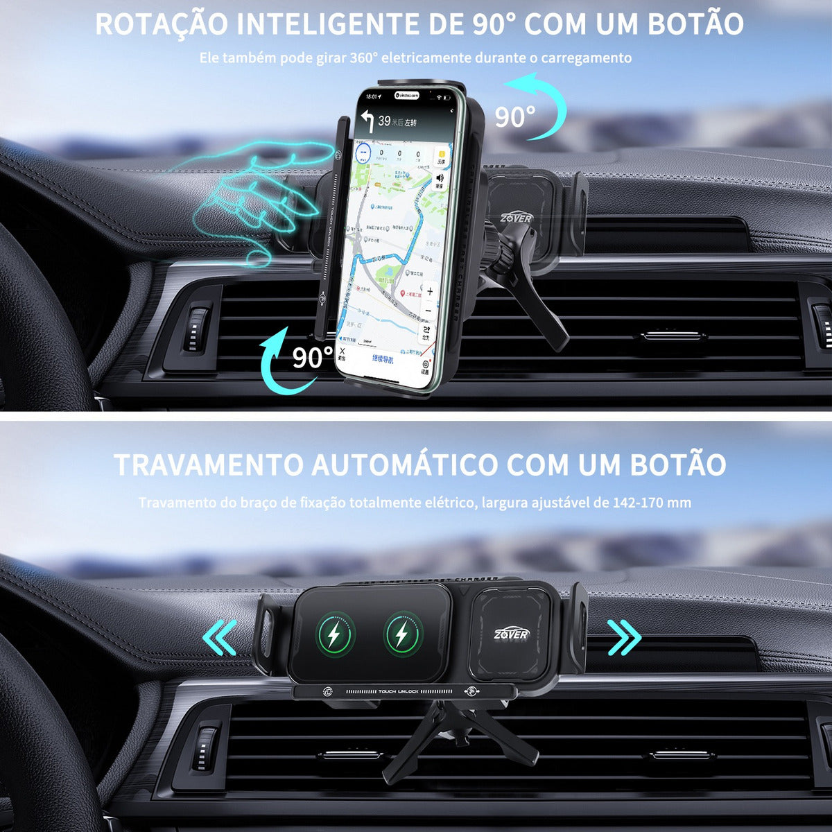 Suporte Celular Veicular - Carregador por Indução e Fixação 360° Automática
